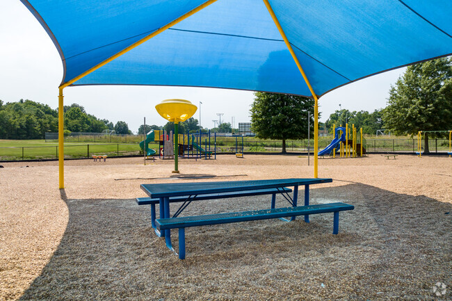 There is shaded seating at Chickasaw Elementary School in Olive Branch.
