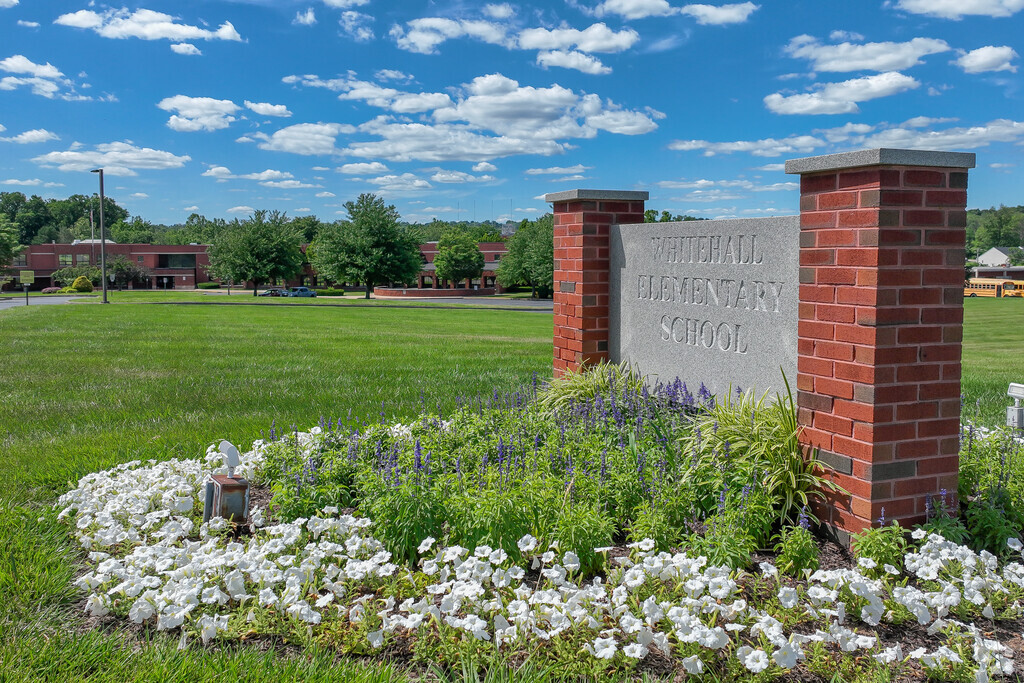 Whitehall Elementary School has  wide spread green space in front the school.