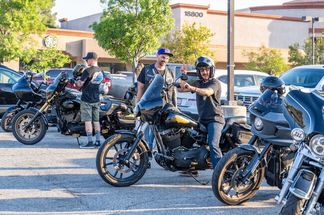 A guest parks his bike next to the other Motorcycles at Bike Night at Route 66 Classic Grill in Canyon Country.