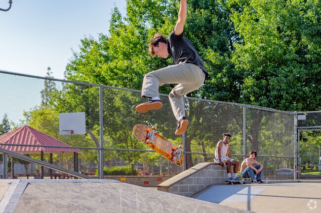 Skater practices a kickflip 180 at the Maidu Skatepark located just minutes from Cirby Side.