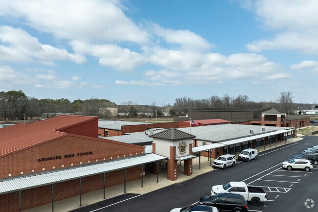 Entrance and parking lot of Ardmore High School in Ardmore Alabama.