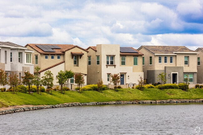 Homes sit on the river in River Islands, Lathrop, California.