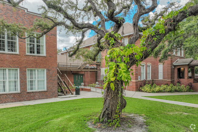 Lomax Magnet Elementary School can be noticed by its brick red facade.