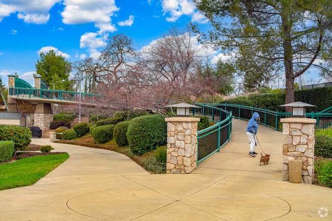 A woman walks dog over unique bridge at Springfield At Whitney Oaks.