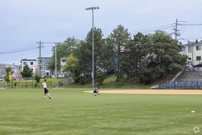 American Legion Playground in Eagle Hill is a popular spot to play a game of soccer.