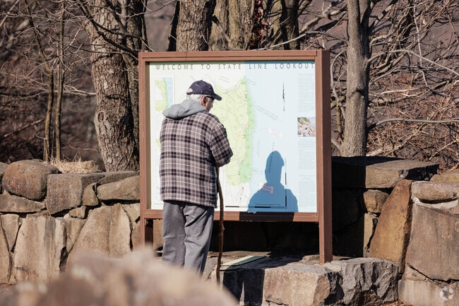 Hiking opportunities range from easy to challenging at State Line Lookout in Alpine, NJ.