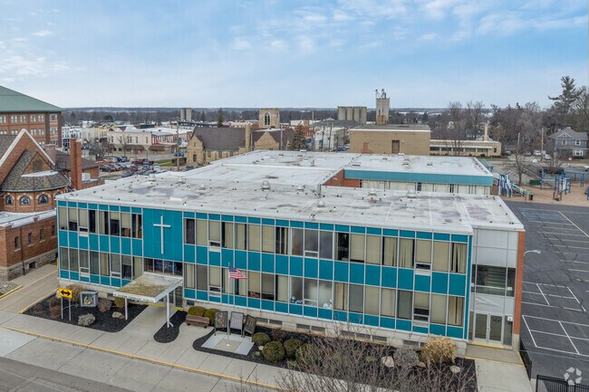 Aerial view of the entrance to St. Joseph Catholic School.