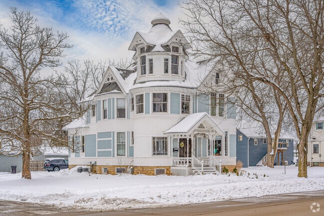 Historic Victorian residences exude timeless elegance in downtown Brodhead, Wisconsin.
