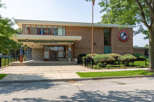Washington G Public High School main entrance, established 1958, South Deering, Chicago, IL.