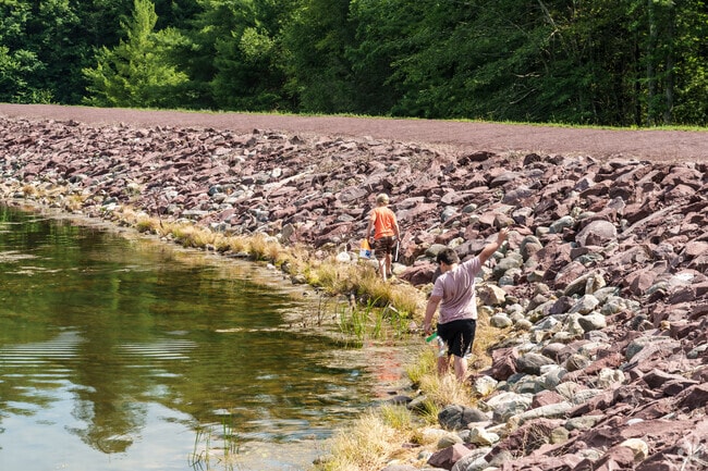 Two boys try their luck with minnow traps on the rocky shore of Sand Spring Lake at Hickory Run State Park.