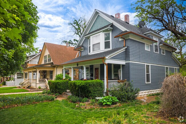 This blue foursquare home in Uptown Wichita has been well-kept and has an inviting entryway.