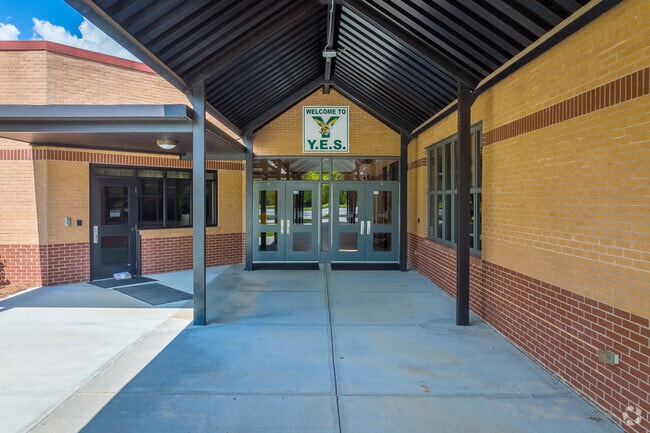 The entrance at Youth Elementary School welcomes students.
