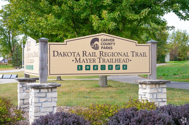 Trailhead pavilion displays the history and route of the Dakota Rail Regional Trail, inviting visitors to explore Mayer’s natural beauty.