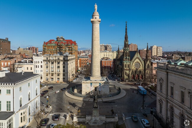 The Washington Monument is the heart of the Mount Vernon neighborhood in Baltimore, MD.