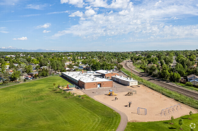 The playground and main building at Harris Park Elementary in Westminster, Colorado.