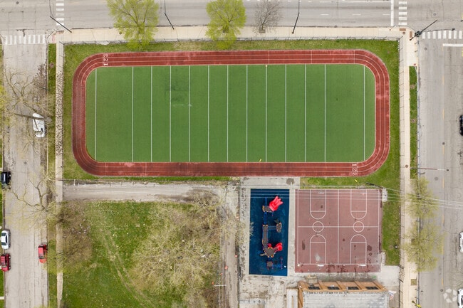Aerial Vertical View Down on the Track and Field, Basketball and Playground of Sherman School of Excellence, Back of the Yards-Chicago, IL