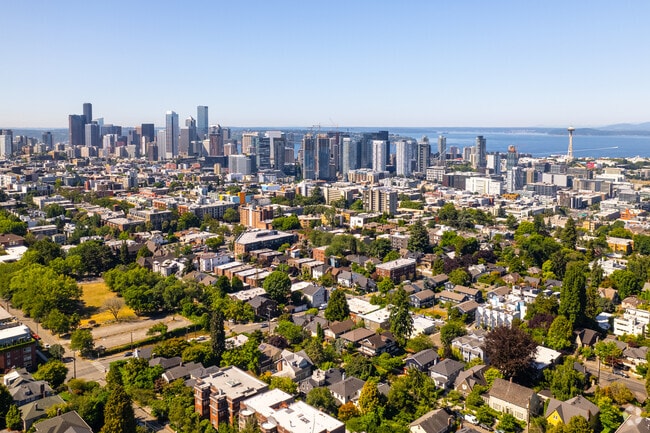 An Aerial of in Capitol Hill Neighborhood with Downtown Seattle in the background.
