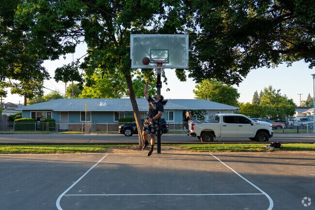 Max Baer Park has a basketball court, skate park, playground, and a big grass field.