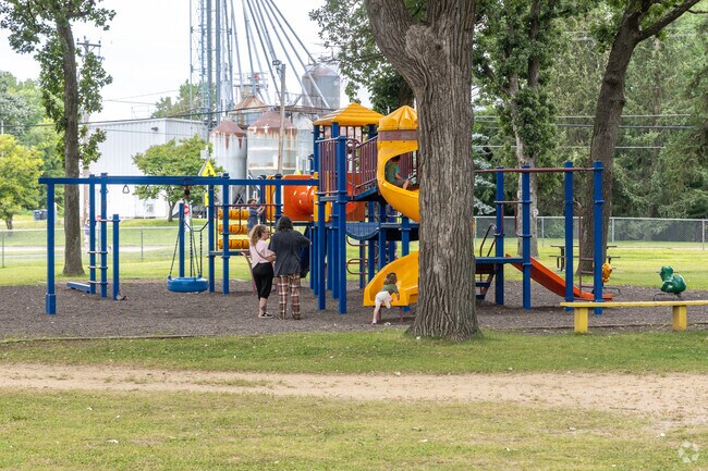 Stacy Lions Park features a playground, ball field, pavilion, and fire ring.