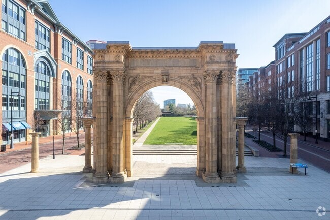 Union Station arch anchors the park as a historic landmark.