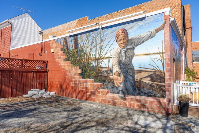 The Harriet Tubman Mural is located behind 424 Race Street in Cambridge, MD on an exterior wall of the Harriet Tubman Museum and Educational Center.