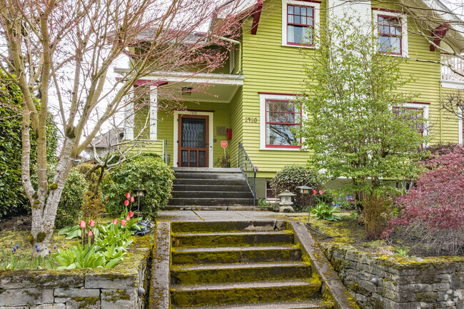 Mossy Steps Lead up to a Moss colored arts and crafts home in Irvington.