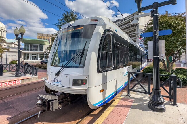 The Tide light rail moves through Ingleside, offering residents a reliable public transit option.