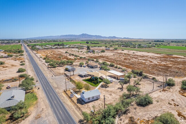 A closer aerial look at the vibrant surroundings of Maricopa Village Adventist School in Laveen.