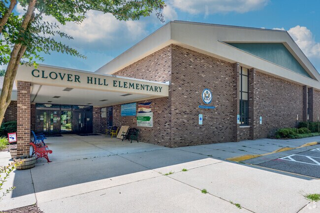 Clover Hill Elementary School in Woodlake offers colorful benches by the entrance.