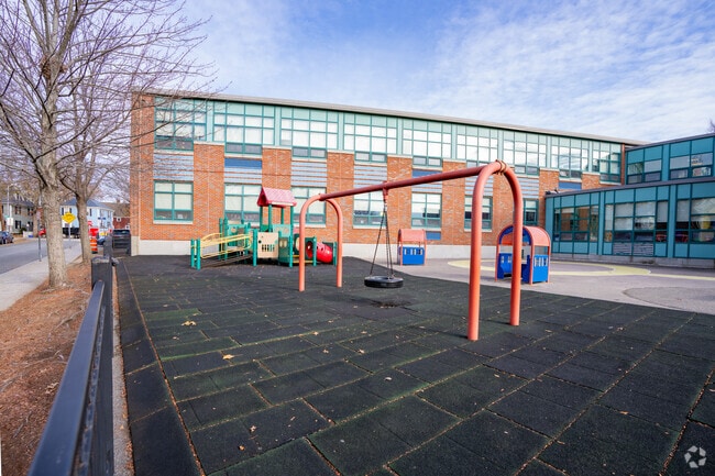 The Rindge Avenue Upper School has a large schoolyard in North Cambridge.