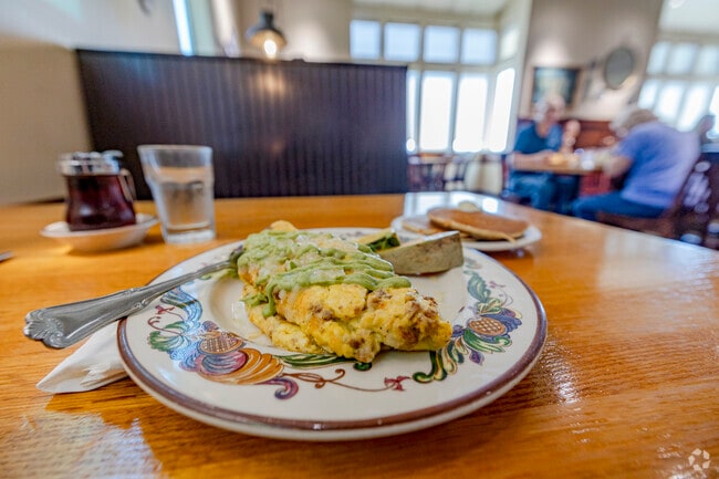 Highly recommended Chorizo Scramble with a side of pancakes at The Oak Table in Silverdale WA.