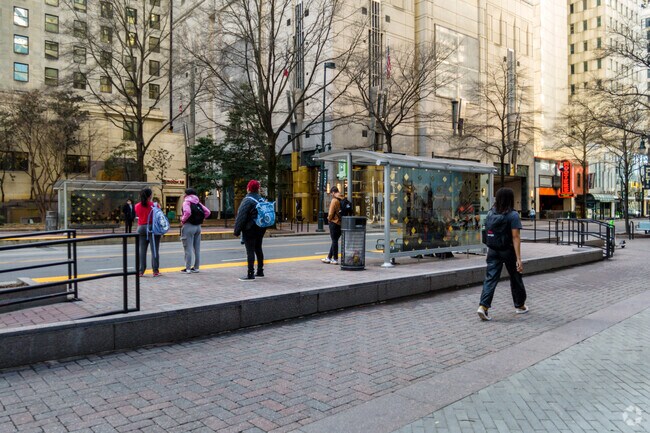 The Trade and Tryon light rail stop is a popular stop in the Fourth Ward area of Charlotte, NC.