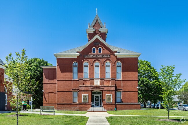 Built in 1899, the Accomack County Courthouse is a Romanesque Revival landmark in the center of Accomac.