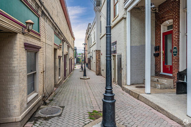 An alleyway in downtown Morgantown that connects two main streets in the city.