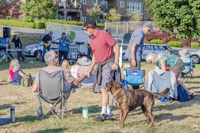 Friends and family gather in Village Green Park for Music at the Green in Kingston WA.