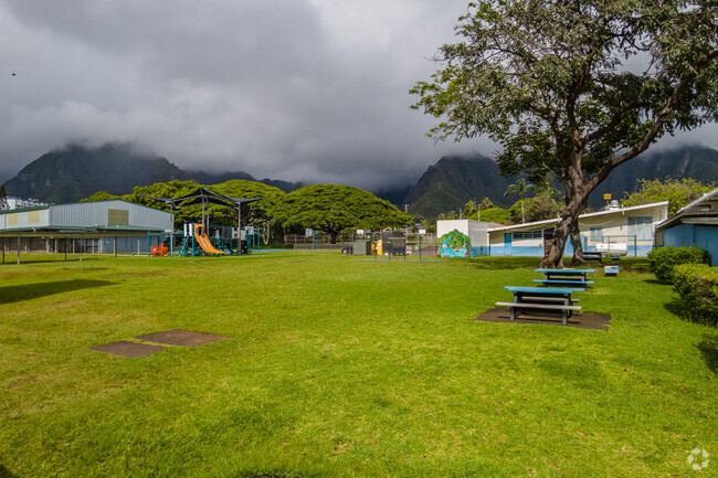 He'eia Elementary School, features landscaped grounds and captivating mountain views.