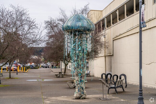 There are a number of art installations throughout the City of Coos Bay, including its famous jellyfish made from marine debris that washed ashore.