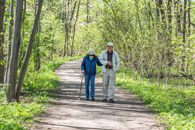 A couple goes for a walk on a trail cutting through Perkins Woods in Evanston.