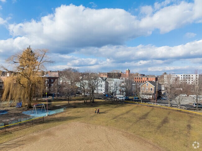The William Kennedy Playground in Lawrence features a ball field and playground.