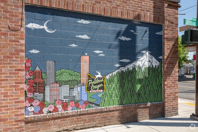 Mural of Mt. Hood and Portland on this historic Store front in the Mount Scott-Arleta Neighborhood.