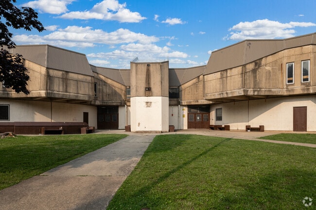 Austin Meehan Middle School shows the main entrance in Mayfair.