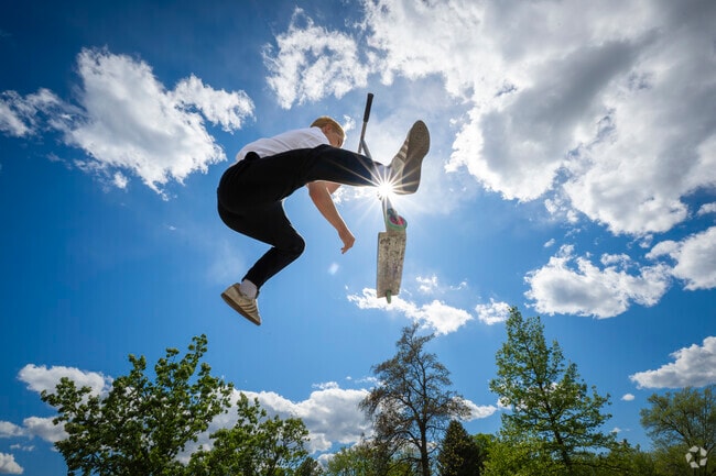Skate park in Bucking Horse, Colorado, where riders of all ages practice flips and tricks.