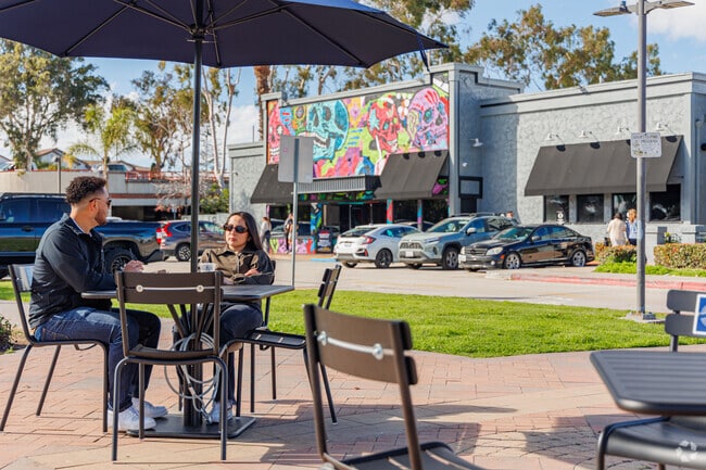 Public tables and chair are set up for locals and visitors to enjoy in Downtown Chula Vista.