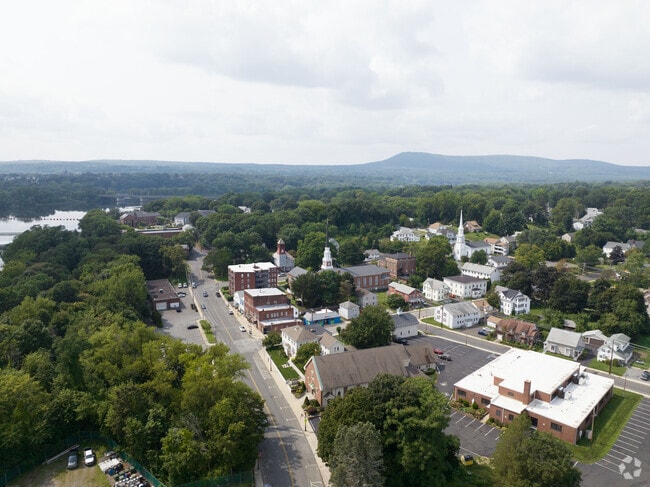 An aerial view of South Hadley's main area and the Connecticut River
