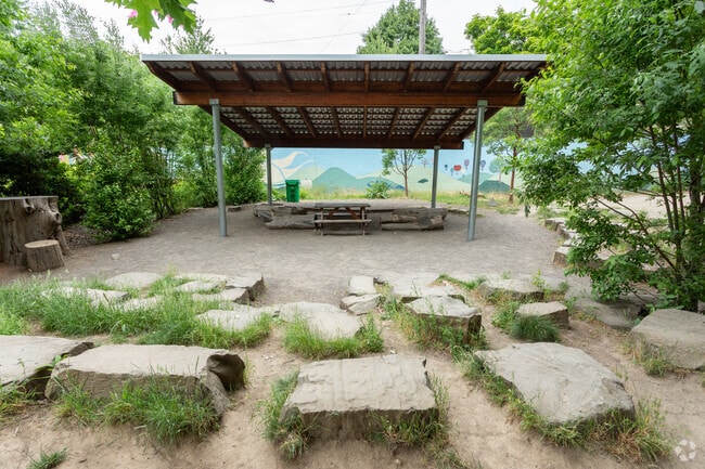 An outdoor classroom offers a modern learning experience behind the Sabin Elementary School.