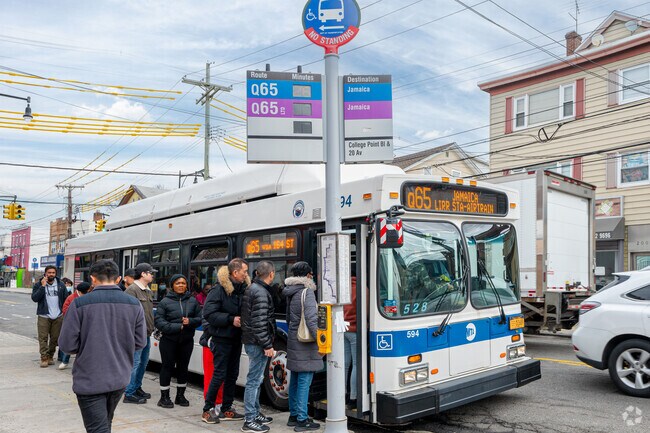 Though there is no subway service in College Point, multiple buses run all day long.
