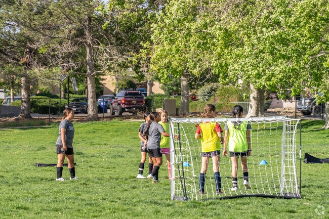 Expansive grass fields at Arroyo del Oso Park are perfect for a soccer match.