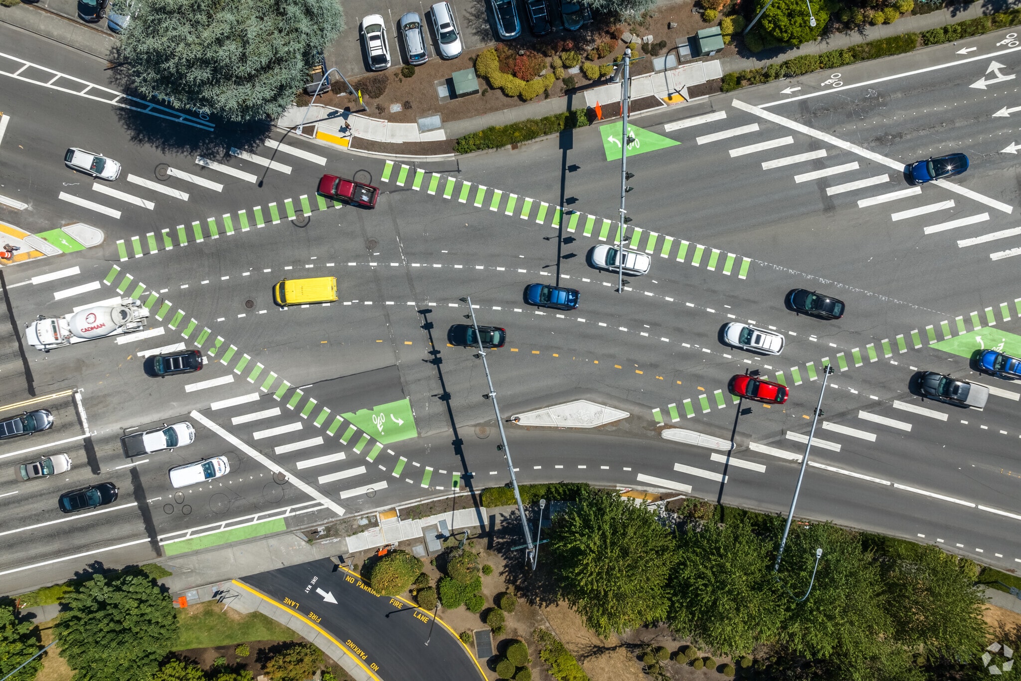 One of Southeast Redmond's busy commercial intersections adorned with colorful cross walks.