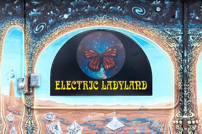 A colorful mural located at Electric Ladyland in the Hayfield Dundee area.