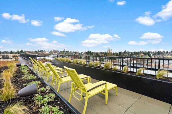 Rooftop deck with loungers, fire pit seating, and BBQ area
